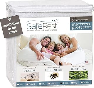 SafeRest Waterproof Queen Size Mattress Protector - Fitted with Stretchable Pockets - Machine Washable Cotton Blend Matt