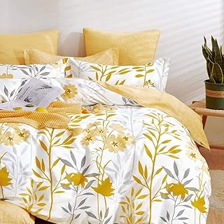 SLEEPBELLA Duvet Cover Set 600 Thread Count White Floral Cotton Bedding Set (Full, Yellow & White Botanical)