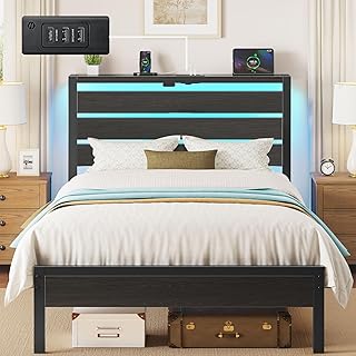 Rolanstar Bed Frame Twin Size with USB Charging Station, LED Bed Frame with Wood Storage Headboard, Black Metal Platform