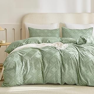 JELLYMONI Duvet Cover King Size Light Green - 3PCS Boho Duvet Cover Set Plaid Polyester Tufted Bohemian Jacquard Knit Te