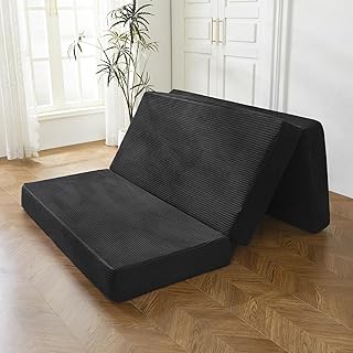 BYBYME Tri-Folding Corduroy Mattress, 6 Inch Gel Folding Mattress Topper, Foldable Soft Guest Bed Camping Pad, Washable