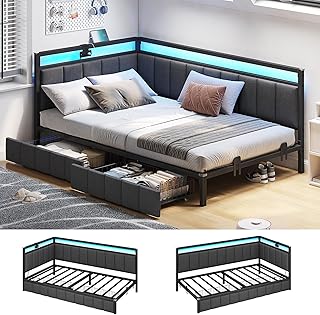 Hasuit Corner Bed Frame with Storage Drawers, Twin Daybed with Line Fabric Upholstered Fence, Kids Bed Unit with LED Lig