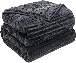 Sherpa Fleece Adult Weighted Blanket with Ribbed Stripes, 15 Pounds Dual Sided Soft Plush Blanket for Couch Bed Sofa, He
