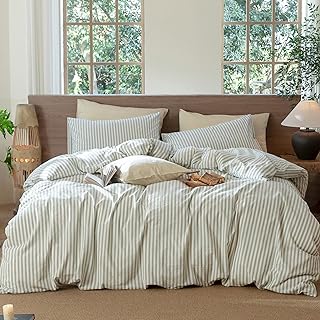 MooMee Striped Duvet Cover Set 100% Washed Cotton Linen Like Textured Breathable Durable Soft Comfy (Sage Green White Cl