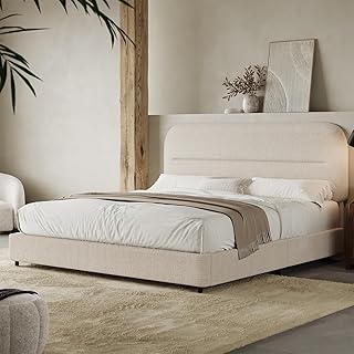 HOMBCK Queen Bed Frame with Headboard, Boucle Upholstered Soft Platform Bed Frame with Thickened Footboard, Rounded Corn