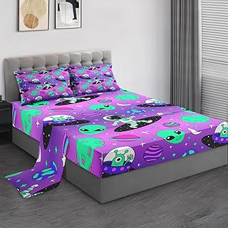Queen Size Bed Sheet Sets, Alien Space Soft Microfiber 4 Pcs Bedding Sets for Kids and Adults Bedroom Bed Decor, Moon Ne