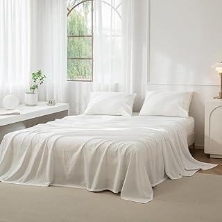 JIYUAN 100% Washed Cotton Sheet Set 4 Pieces Full,1 Fitted Sheet,1 Flat Sheet and 2 Pillowcases,Comfy and Breathable Lin